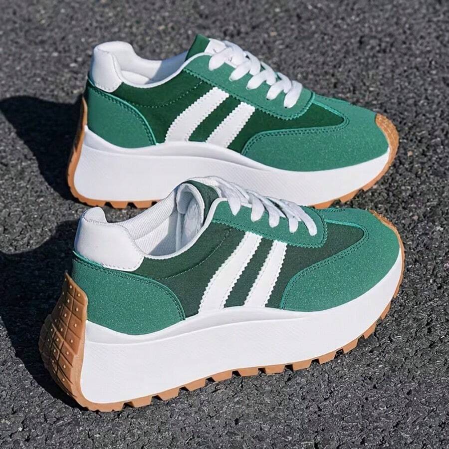 Women's Chunky Wedge Platform Sneakers, Retro Striped Thick Sole Trainers, Casual Non-Slip Fashion Shoes - 綠色 - 查看 1