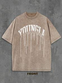1PC Y2K Vintage Washed T-Shirt | Men's Graphic Tee | YLA Dripping Skull Design Pattern | Gifts For Men Or Boyfriend | 100% Cotton | 230Gsm Thickened Fabric | Unisex - Cà phê nâu - Xem 3