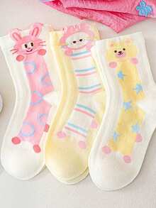 5 Pairs Spring/Summer Thin Socks For Girls Aged 2-16, Cute Cartoon Animal Pattern Baby Socks, Breathable Mesh Socks - Multicolor - View 4