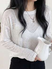 2025春秋新款百搭简约女式长袖针织上衣 白色 - 白色 - 查看 4