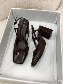 Mules à talons hauts mode femme, sandales à talon carré épais marron avec Glissant, cadeau pour la fête des mères - Tabac - Voir 5