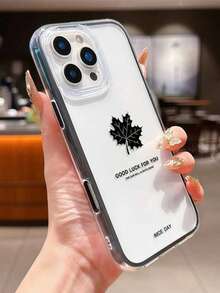 1pc Fashion Maple Leaf & English Text Pattern Black Frame Transparent Full Body Shockproof Minimalist Phone Case, Suitable For IPhone 11/12/13/14/15/16/17 Pro Max, Unisex - متعدد الألوان - مشاهدة 4