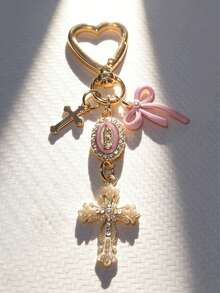Religious Cross Keychain, Decorated With Religious Love And Crystal Cross, Bag Charm, Bag Amulet, Pearl And Diamond - Cross Keychain, Bag Accessory, Cross Pendant, Wallet, Backpack Accessory, Earphone Case Accessory - Multicolor - View 5