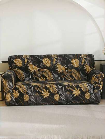 Black & Gold Leaf Pattern Sofa Cover, Elastic Polyester Universal Sofa Protector, Living Room Sofa Slipcover, Home Decor