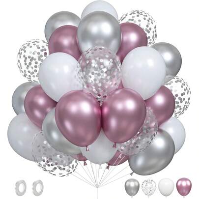 60pcs Pink & Silver Birthday Balloons, 10-Inch Metallic Balloons, Bridal Shower, Women's Birthday Party Decorations