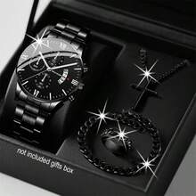 Set de 4 piezas de reloj de moda de negocios para hombres | Reloj + Anillo + Collar + Pulsera, que muestra solemnidad y creencia, regalo perfecto para el Día de Acción de Gracias, Navidad, Día del Padre para dar a familiares y amigos - 4 piezas - Ver 12