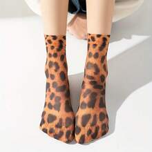 1 Pair Of Retro Classic Leopard Print Stockings, Snake Print Stockings, Summer Flats, Short Stockings, Retro Floral High Elasticity, Comfortable, Breathable, Ultra-Thin Short Stockings - Multicolor - View 5