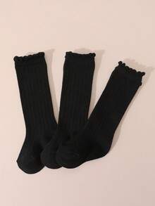 3 Pairs Girls' Black Solid & Striped Crew Socks, Minimalist Versatile, Suitable For Daily Wear - Black - View 6
