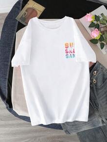 青少年女孩夏季美學寬鬆T恤，「陽光鹽沙」印花漸層棕櫚樹裝飾休閒日常穿著寬鬆T恤 - 白色 - 查看 2