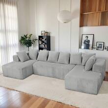 Boneless Couch,Modular U-Shaped Sectional Sofa,130-Inch 4-Seater Chaise Lounge With Reversible Design, Striped Corduroy Fabric In BLACK – Sectional Living Room Or Bedroom Couch, Freely Configurable Layout. - Màu xám + Polyester + 4 chỗ ngồi + Polyester - Xem 3