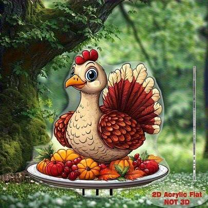 2D平面印刷火鸡花园装饰插牌，亚克力材质，四季皆宜，通用户外草坪装饰，艺术家居花园庭院装饰，户外装饰，节日礼物，婚礼装饰，乔迁礼物