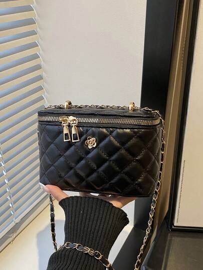 1 件新款时尚女士手提包，纯色纹理面料格子拼接链条肩带大容量方形包，简约时尚单肩包