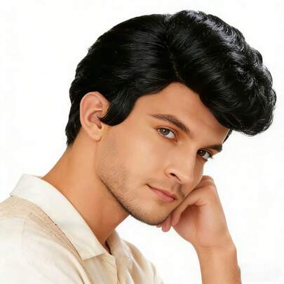 1pc Men's Fashionable Black Wavy Disco Wig, 50s Rock Star Role Play Synthetic Hair