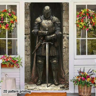 2D Flat Banner 2Dflat2D Door Curtain, 1 Medieval Knight Door Curtain-Medieval Castle Theme Decoration With Knight Design, Door Curtain Is Suitable For Halloween, Renaissance Carnival, Theme Party-Indoor And Outdoor Easy-Hanging Home Door Decorations, Movable Decorations, Gothic Style Accessories, Knight Illustration, Colorful Yx, Halloween Decoration, High-Quality Printing, Party Accessories.