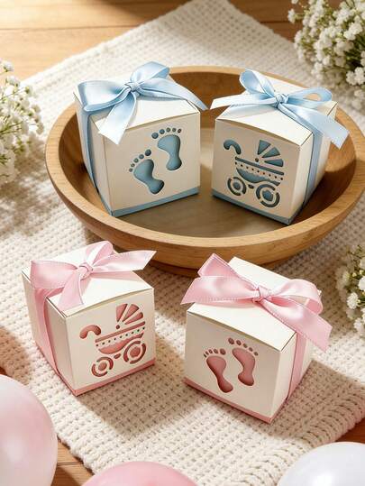 4个装多色婴儿推车造型礼盒，带丝带 - 镂空推车图案，适合派对、生日、婚礼 - 坚固的纸质购物车盒，是派对礼品和装饰的理想之选