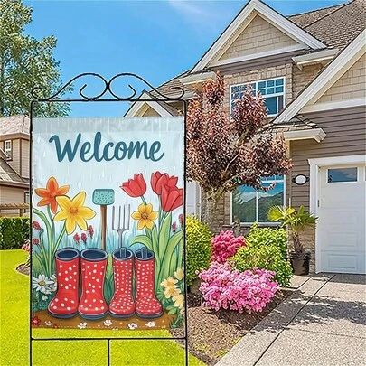 2D Flat, 2D Printing Vibrant Hello Spring Flower Garden Flag 12X18 Inches - Double-Sided Welcome Design With Tulips, Daffodils, Daisies, Rain Boots, And Gardening Tools - Durable Polyester For Indoor & Outdoor Decoration, Garden Decorations, Seasonal