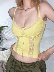 Áo hai dây mùa hè gợi cảm Kliou dành cho nữ, phối lưới, cài nút, cổ thấp, ren, không tay, thích hợp đi biển, nghỉ mát, câu lạc bộ, màu tối. - Màu vàng - Xem 7