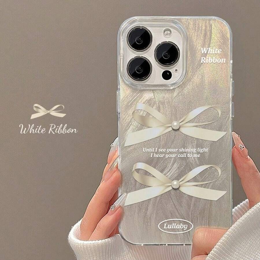 3D Relief IMD Glossy Pearl Bow Phone Case, Compatible With 16/15/14/13/12 Pro Max/11/17 Pro/17 Pro Max, Fashionable Anti Drop, Waterproof, Anti Drop, Anti Scratch Protection, Back Cover UV Protection - Silver - View 1