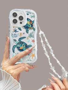 Cream Ripple Wave Glossy Oil Paint Sea Turtle Pattern Shockproof Phone Case, Comes With Beaded Bracelet, Fits 17/17Pro/17 Pro Max/16/16 Pro/16 Pro Max/15/15 Pro/15 Pro Max/14/14 Pro/14 Pro Max/13/13 Pro/13 Pro Max/12/12 Pro/12 Pro Max/11/11Pro/11 Pro Max - Multicolor - View 5