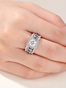 AIHUASI 3pcs/Set 925 Sterling Silver Wedding Engagement Rings For Women Princess Cut 5A Cubic Zirconia With Blue Gemstones Ring Party Wedding Jewelry Valentins Gift - Silver - View 4