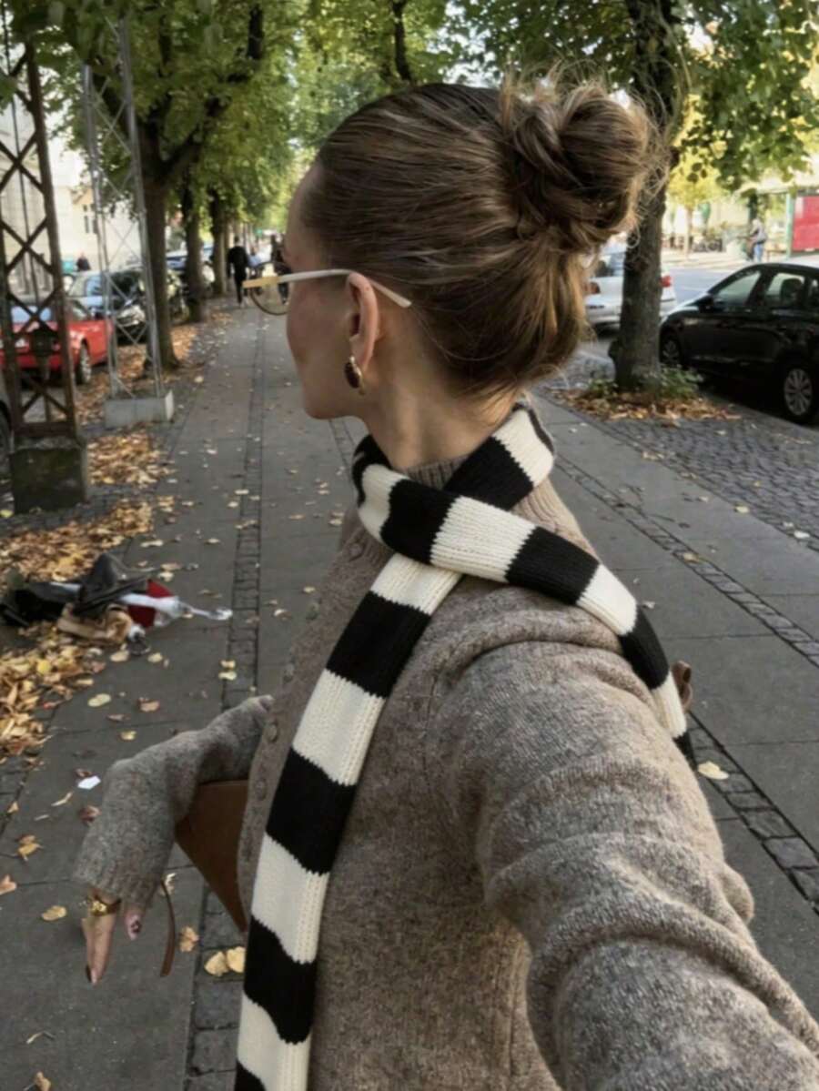 1 pièce Foulard fin à motif rayé vintage Y2K, convient pour une tenue quotidienne punk rock, pour la robe, la plage, les vacances - Noir et blanc - Voir 1