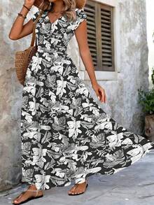 Novo Vestido Longo Boho de Estampa Tropical Plus Size - Vestido Maxi Elegante com Decote em V, Cintura Franzida e Babados para Mulheres em Férias, Verão Preto - Preto - Visão 5