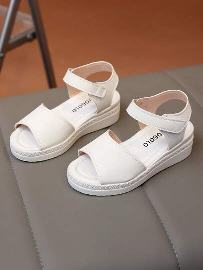 1 par de sandalias de playa, vacaciones, casual, al aire libre y uso diario para la escuela, con correa tejida, decoración de PU, cierre de gancho y bucle, suela gruesa y transpirable para niñas