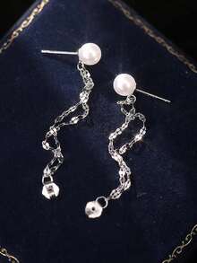 一对S925纯银简约优雅百搭小巧精致珍珠流苏耳环，适合女性日常佩戴，礼品 - 銀色 - 查看 3