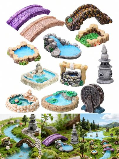 8pcs Mini Fairy Garden Accessories Set, Including Small Stone Bridge, Pond, Lighthouse, Water Well, Water Wheel And Other Resin Decor, Suitable For Miniature Fairy Garden, Aquarium, DIY Garden, Glass Container, Potted Plant Decoration, Perfect Birthday Gift (Random Style)