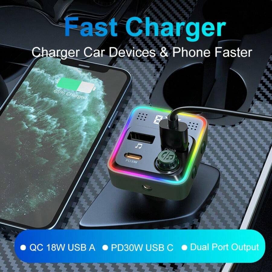 Cargador de teléfono para automóvil con Bluetooth para Android y Apple, adaptador de encendedor de cigarrillos, cargador súper rápido - C71 - Ver 1