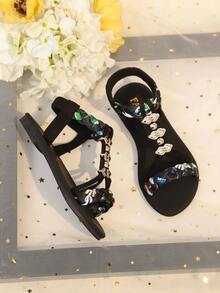 1 Pair Black Girls' Flat Sandals, Colorful Soft Woven Strap Criss-Cross Design With Shiny Bead Decor, Round Toe Slip-On Soft Non-Slip Sole, Fashionable Cute Bohemian Style Beach Sandals, Suitable For Casual, Beach, School, Party Wear, Spring/Summer - Black - View 2
