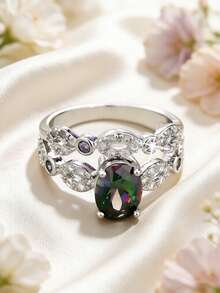 1pc Elegant Luxury Women's Wedding Ring - Four-Claw Oval Synthetic Zirconia Setting - Graceful Jewelry - Suitable For Wedding, Engagement, Valentine's Day, Anniversary, Christmas And Other Occasions - Color - View 2