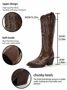 复古刺绣时尚舒适西部靴，新款侧拉链设计，防滑V型皮革，尖头设计，骑士靴，粗跟显瘦百搭休闲高筒靴，适合音乐节、万圣节等场合。 - 咖啡棕 - 查看 9