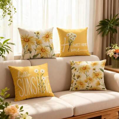 4 件装 Hello Sunshine 抱枕套，室内外装饰抱枕套，黄色花园靠垫套，适用于沙发、床，春夏皆宜