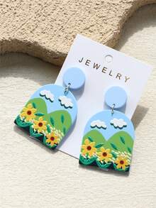 1对女士春夏蓝天白云绿山黄向日葵雏菊印花亚克力可爱优雅耳环 - 彩色 - 查看 3
