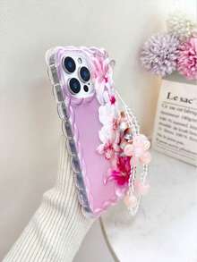 Floral Lily Painted Braided Wavy Edge Transparent Detachable Bracelet Charm, Fashionable Minimalist Thick Shockproof Phone Protective Case Suitable For IPhone 17/17 Pro, 15 Pro Max, 16/16 Pro/16 Pro Max, 16 Plus, 15 XR, 7/8, 15 Pro Max, 12 Pro Max, 13 Pro Max, 14 Pro Max, 13, 14, 11, 12, 14 - Multicolor - View 5