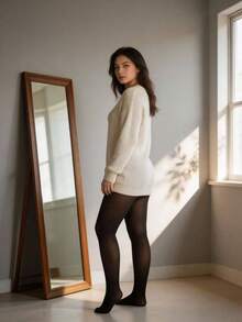 1双加厚保暖连裤袜，女士高弹力，透明款 - 黑色 - 查看 1