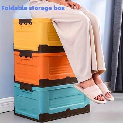 1pc Large Foldable Storage Box, Moisture-Proof Space-Saving Design With Durable Plastic Flip Cover, Suitable For Home, Car Trunk, Dorm, Picnic And Camping, Orange & Blue Rectangular Storage Container, Outdoor Storage Rack