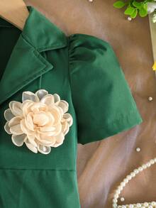 Girls Embroidered Dress, Elegant Lapel Formal Occasion Outfit - Green - View 4