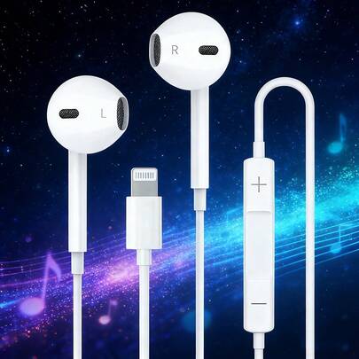 Lightning接口有线入耳式耳机，兼容 14/13/12/11/XR/XS/X/8/7/SE/Pro/Pro Max，内置遥控器，可控制音乐、通话和音量，包含耳夹和耳挂。