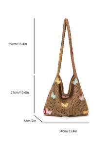 Dedoo Bohemian Style Women's Handbag, Large Capacity Open-Top Tote, Beach Bag, Travel Accessory, Woven Texture, Suitable For Work, School, Beach, Crochet, Holiday (Butterfly Color/Position Random) (Strap Color/Pattern Random) - Khaki - View 11