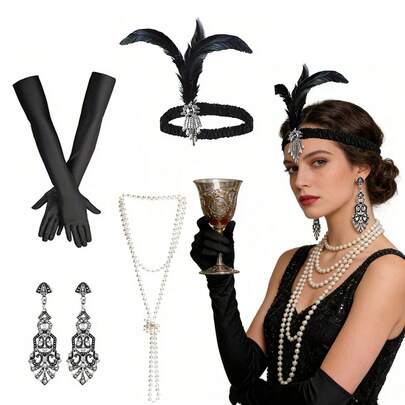 1920年代女士复古女郎装扮套装，包括珍珠项链、耳环、手套和复古婚礼装饰