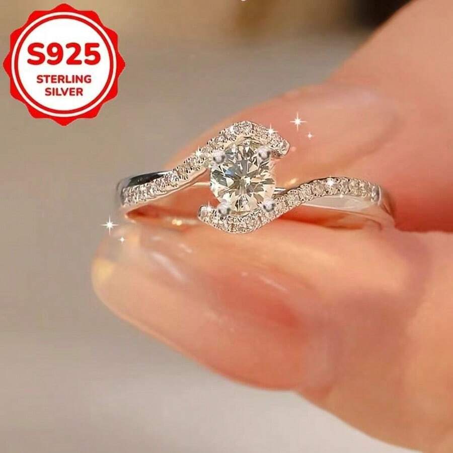 优雅银戒指，适合日常佩戴和送礼场合，情人节珠宝，镂空扭纹四爪圆形订婚戒指，女士单钻戒指，女士戒指，情人节礼物