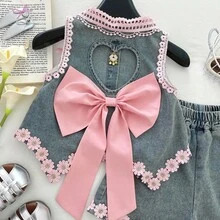 Girl's Summer Denim Set Backless Bow Flower Sleeveless Top + Denim Shorts 2Pcs - Medium Wash - View 4