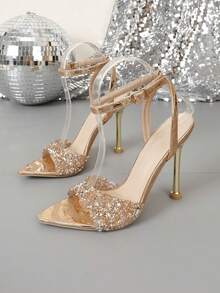 High Heel Fashionable Pointed Toe Metal Sandals, Casual For Daily Wear In Summer - Rose Gold - View 11
