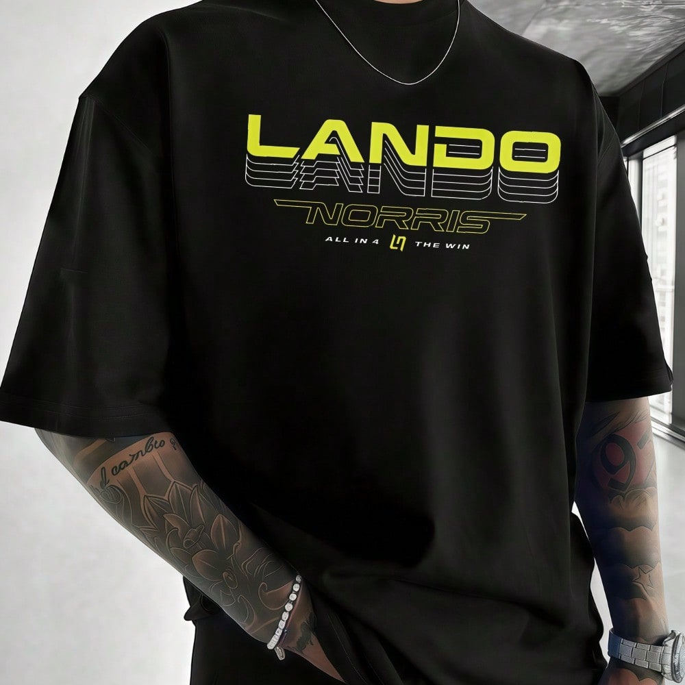 Camiseta de manga corta estilo F1 Lando The Win, 100% algodón, corte holgado, con estampado gráfico, ideal para hombre. Ropa de verano, camisa de ho