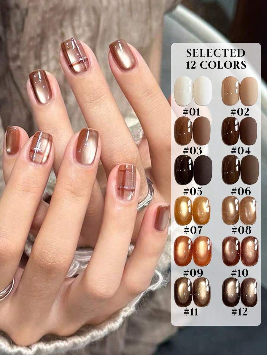 Miss Leia 1-12 15ml Autumn/Winter Nail Polish Collection: Glitter, Pearlescent, Cat Eye Gel Nail Polish In Shades Of Caramel, Coffee, Milk Tea, Brown - Popular Colors, Suitable For Beginners, Salons, DIY Home Use, Holidays, Gifts