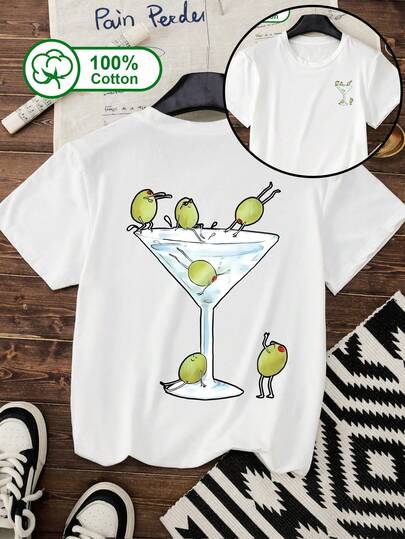 女士日常休闲短袖T恤，100%纯棉面料，双面印花图案，印有卡通酒杯和水果图案。适合户外穿着、夏季穿着，以及女士印花服饰。