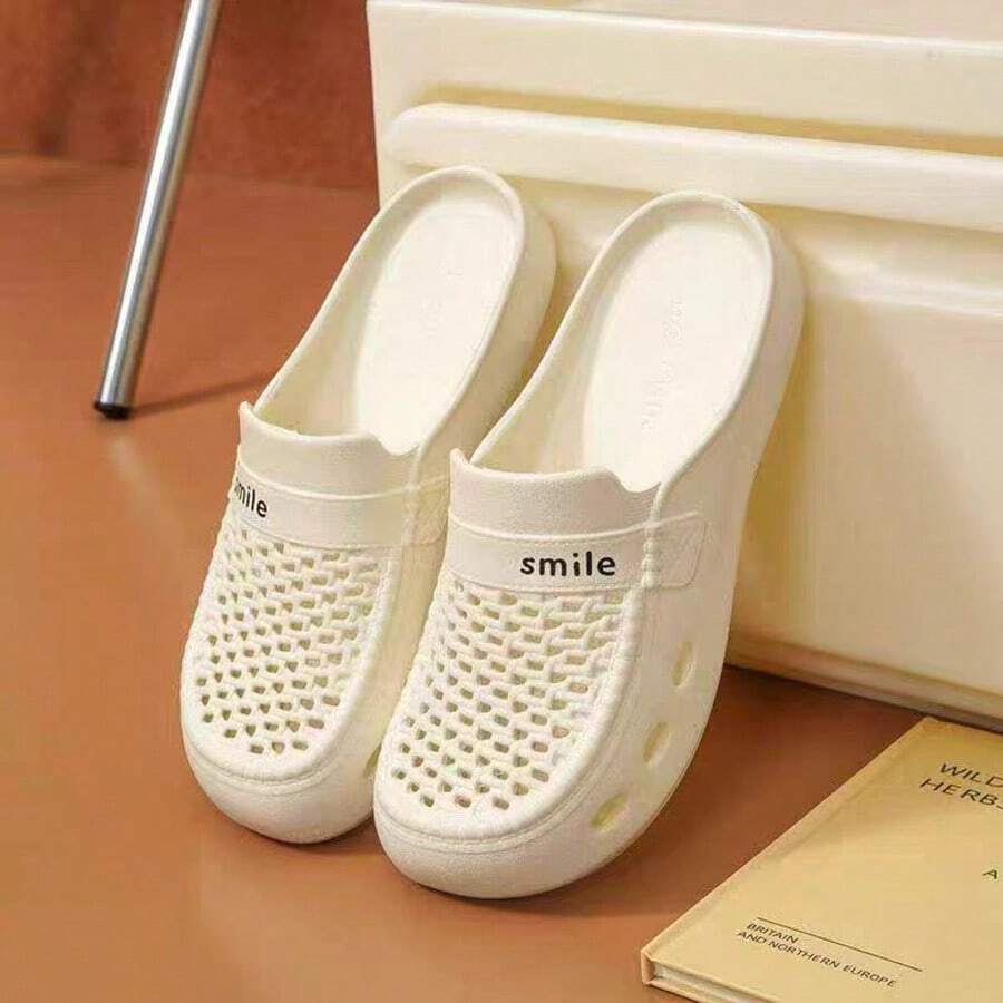 Women's Solid Color Casual Hollow-Out Indoor Slippers, Summer Ladies Breathable Slip-On Flat Sandals - White - View 1