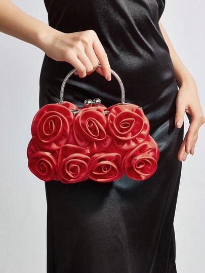 REMANLAND Chic And Elegant Red PU Clutch With 3D Rose Embellishment, Featuring A Striking 3D Satin Rose Design, Crystal-Embellished Metal Handle And Kiss-Lock Closure. Ideal For Weddings, Romantic Dinners And Evening Events, Adding A Touch Of Refined Sophistication And Romantic Charm To Any Outfit. It Is The Best Gift For Women